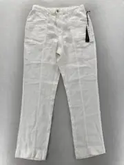 Nicole Miller New York Pants Women's M White Linen Straight Leg Beachy Preppy