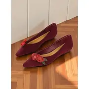 Women's Burgundy Suede Ballet Flats - Floral Embroidered Rose Design, Elegant Pointed Toe Slip-On Shoes for Casual Outings, Garden Parties, and Romantic Dates
