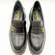 NEW Chanel 23A Quilted Black Calfskin Leather Platform Lug Sole Loafers EU 41