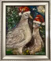 Two Turtle Doves, Original Oil Painting, Silver Frame