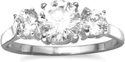 [JewelryWeb] Rhodium Plated Three Round CZs Ring 2mm Wide Band With Two 3.5mm And One 6mm-Round Cz-Band Style-Ring for Women and Men