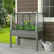 CostwayWooden Raised Garden Bed with Mini Greenhouse-Grey
