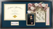 Hodeframe 14x26 Black Shadow Box Diploma Frame with Graduation Cap & Tassel Holder for 8.5x11 Diploma and 4x6 Photo with MDF Wood and Plexiglass, Navy Over Gold Mat for Wall, Graduation Keepsakes