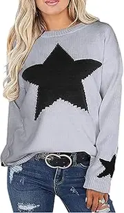 [shermie] Crewneck Sweaters for Women Cable Knit Sweaters Pullover Star Graphic Grey M