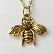 Gold Bumble Bee Pendant Necklace 18" Insect Queen Bea Vintage Style Plated