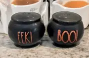 Rae Dunn Halloween EEK! & BOO! Black Cauldron Salt & Pepper Shaker Set NIB
