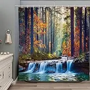Forest Waterfall Shower Curtain Fall Autumn Scenic Jungle Natural Scenery Seasonal Landscape Green Tree River Stone Fabric Bathroom Decor Set with Hooks 70Wx70H Inch