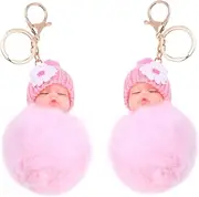 [CATIEBYE] 2pc Fluffy Keychain Set Women's Cute Pompom Decorative Bag Pendant Cartoon Keych