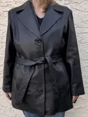 Preston & York Women's XL Black Lambskin Leather Button Jacket Coat w/Belt NWT