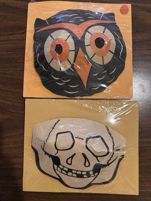 Vintage Paper Halloween Mask Set Luminous Masklite Owl And Skeleton NOS