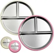 Divided Plates for Kids 2Pcs 9x9x1 Inch Stainless Steel 3 Compartment Plates with Silicone Suction Cup Wrap for Portion Control at Home, School, Kindergarten-