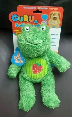 Guru 11" Frog Dog Toy w/Squeaker ,Crinkle & Soft Strawberry Scent, Green New