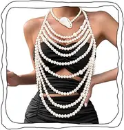 [Florry] Pearl Body Chain Layered Pearl Bra Fashion Shoulder Necklaces Bra Beach Rave Nightclub Body Chains for Women, Free size, Alloy, No Gemstone