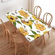 Summer Sunflower Floral Bees Rectangular Tablecloth Table Cover for 4 Foot Tables, Waterproof Fitted Elastic Edged Table Cloth for Indoor Outdoor Party Wedding Picnic Patio, 4 Ft/48x30 inch