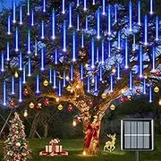 YEGUO Solar Christmas Lights Outdoor, 8 Tubes 144 LED Meteor Lights, Falling Rain Light for Tree Holiday Roof Xmas Decor (Blue)