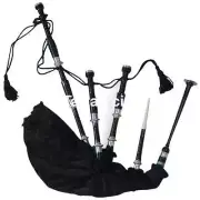 TC Scottish Bagpipe Black Silver Mounts Velvet Bag Cord Free Carrying bag