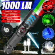 USB Charging 4Color LED Flashlight Hunting Red Blue Green White Light Zoom Torch