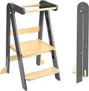 Foldable Toddler Tower Preassembled Kitchen Step Stool, Folding Tower for Learning with 3 Adjustable Heights Montessori Toddler Standing Tower Collapsible Step Stool for Kids 1-6y GY NAT