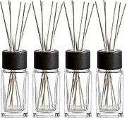 Whole Housewares 100ML 3.4Ounce Clear Glass Diffuser Bottles with 24pcs Natural Reed Sticks, 4.7" H Square Diffuser Bottle with Black Wood Caps, Set of 4