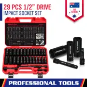 29-Piece 1/2" Drive Deep Impact Socket Set SAE Metric Extension Bar Work Shop