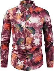 [Generic] Long Sleeve Shirts for Men Floral Shirt 70s Retro Hawaiian Dress T-Shirts Traditional Print Blouses Button Down Tops