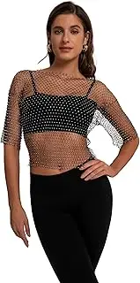 [LINYUCHEN] Women Sexy Sheer Mesh Rhinestone Crop Top - Mesh Body Chains See Through Cover up Sparkly Glitter Shirt Party Club Wear