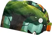 [CWAGFEQZ] 2-Pc Bouffant Nurse Hats,Scrub Cap Adjustable Scrub Hats with Sweatband,Tree Fox Forest