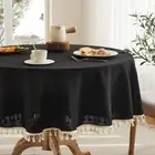 Linen Tablecloth with Tassels Farmhouse Style Black Tablecloth Water Resistan...