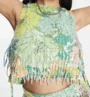ASOS EDITION bright floral print and sequin crop top with fringe Sz US 4