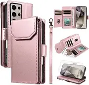 [Asuwish] Mobile Phone Case for Samsung Galaxy S24 Ultra 5G Case with Screen Protector and Card Slot Foldable Leather Wallet Stand S24Ultra 24S S 24 24Ultra Wallet Cases Protective Phone Case Rose Gold
