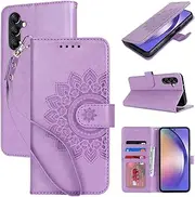 [Cavor] Wallet Case for Samsung Galaxy A34 5G 6.6'' PU Leather Case Magnetic 3D Embossed Flower Women Flip Kickstand with Card Holder Wristlet Hand Strap Protective Cover-Flower Purple
