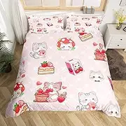 Kawaii Cats Duvet Cover Set Twin Size,Cartoon Strawberry Cake Dessert Reversible Bedding Set Soft Bedroom Decor,Cute Animal Heart Pink Grid Polyester Quilt Cover (No Comforter), 2 Pcs