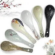 6 Pieces Japanese Retro Ceramics Soup Spoons Asian Soup Spoons Japanese Style Rice Spoon Flatware Chinese Serving Spoons Appetizers Tableware Meal Partner for Salad Ramen Noodles Wonton