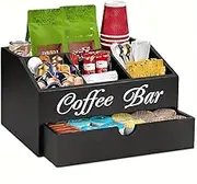Coffee Bar Organizer Countertop, Wooden Coffee Bar Accessories Organizer With Drawer, Coffee Station Organizer Coffee Pods Holder Storage Basketand Tea Condiment Organizer Station (black1)