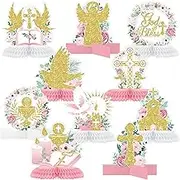 10 Pcs Baptism Decorations Baptism Honeycomb Centerpieces Baptism Centerpieces for Tables Gold Glitter Baptism Party Supplies for Baby Shower Birthday First Communion Decorations (Pink Series)
