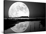 [Startonight] Canvas Wall Art Black and White Abstract Full Moon on the Water Landscape, Framed Artwork Picture Decor for Living Room, Unique Luminous Wall Art Minimalism Piece 80 cm x 120 cm