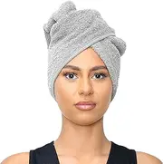 Sapphire Collection Hair Drying Towels, 100% Pure Terry Towel Cotton Soft Hair Towel Wrap Hair Twist Turban Towel Absorbent Hair Cap Head Wrap Spa Towels with Loop & Button for Long Hairs (Silver)