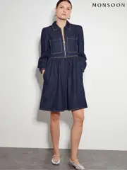 Monsoon Blue Adeena Denim Mini 100% Cotton Shirt Dress (AD8903) | $173