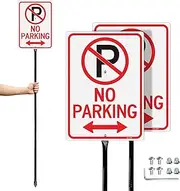 T&R Large No Parking Signs with 54" Stake - 2 Pack - 14"x10" .040 Rust Free Aluminum, Reflective, Waterproof and Fade Resistant, 2 pre-drilled holes, Includes Matching Screws & Wrench, Easy to Mount