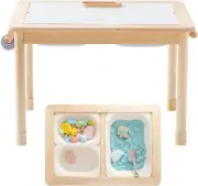 Rubber Wood Montessori Sensory Table - 3 Foldable Storage Bins, Reinforced Frame