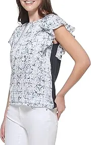 [DKNY] Women's Flutter Sleeve Woven Front Knit Back Top