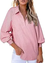 [Generic] Ladies Tshirts Long Sleeve Cuffed Shirts Long Sleeved Collared Blouse Tops with Pocket Plain Womens Dailywear T Shirts