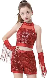 [LOLANTA] Girls Sequin Dance Outfit Crop Sequin Top Metallic Shorts with Tassel Arm Sleeves 5-13 Years Recital Costumes