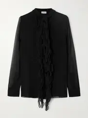 [Burberry] Burberry - Ruffled Silk-chiffon Blouse - Black - UK 14 UK 14 Black