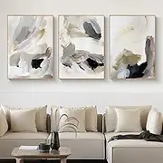 Black Beige Grey Wall Art Canvas Yellow Abstract Oil Painting Brown White Pictures Neutral Modern Artwork 16x24inx3 No Frame
