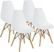 Giantex Eames Dining Chairs, Molded Shell Plastic Chairs w/Wood Legs & Ergonomic Backrest, Pre Assembled, Modern Armless Chairs for Kitchen, Eiffel DSW Style Side Chairs (White, Set of 4)
