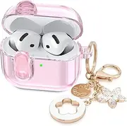 Oiltomn with Safety Lock Cute Clear Case Compatible with Apple Airpods 4 Cases 2024 Women, Soft TPU Transparency for Air pods 4 Case iPods 4 Earbuds Case Girl Bling Keychain -Pink