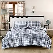 SDIII 3PCS Blue Gingham Comforter Set Full, Soft Microfiber Lightweight Blue Gingham Comforter Full, Striped Bedding Farmhouse Shabby Chic Checkered