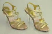 $1425 New 14C Chanel Gold Crystals Sandals Shoes CC Lucite PVC Heel 41 wedding