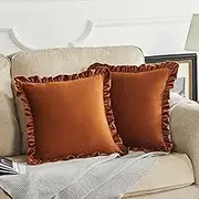 Burnt Orange Decorative Throw Pillow Covers, 18x18 Velvet Ruffle Cushion Pillow Covers for Sofa Couch Set of 2